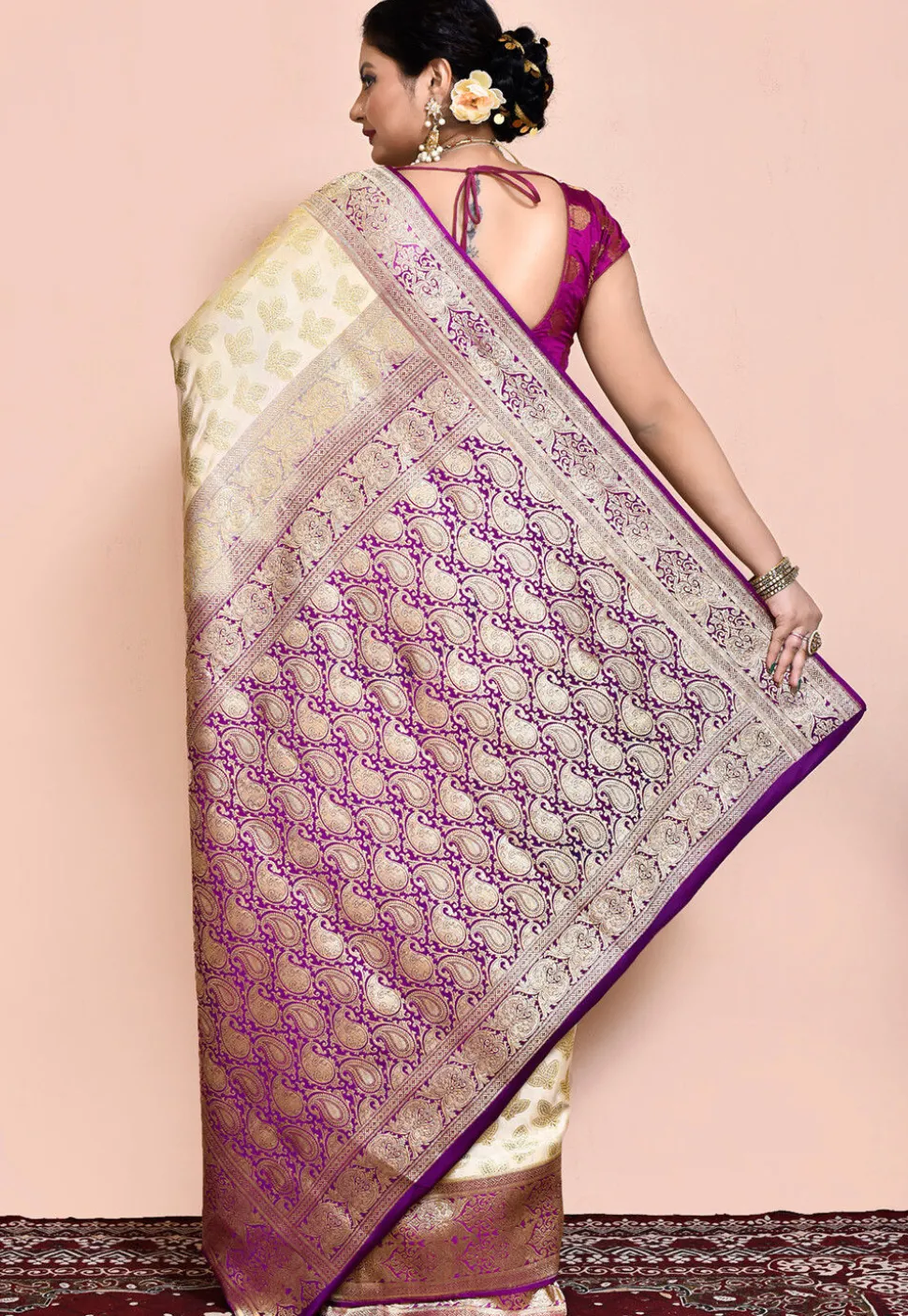 Handloom Pure Banarasi Katan Silk Saree in Beige and Violet