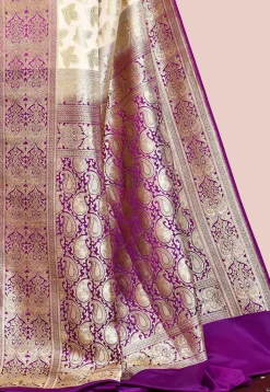 Handloom Pure Banarasi Katan Silk Saree in Beige and Violet