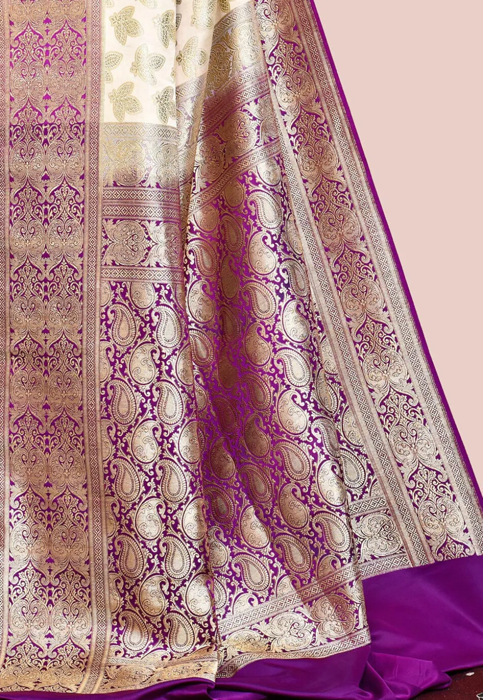 Handloom Pure Banarasi Katan Silk Saree in Beige and Violet
