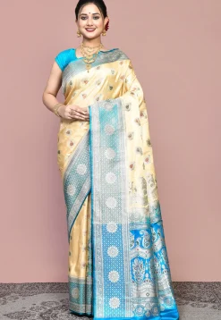 Handloom Pure Banarasi Katan Silk Saree in Beige and Blue