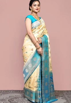 Handloom Pure Banarasi Katan Silk Saree in Beige and Blue