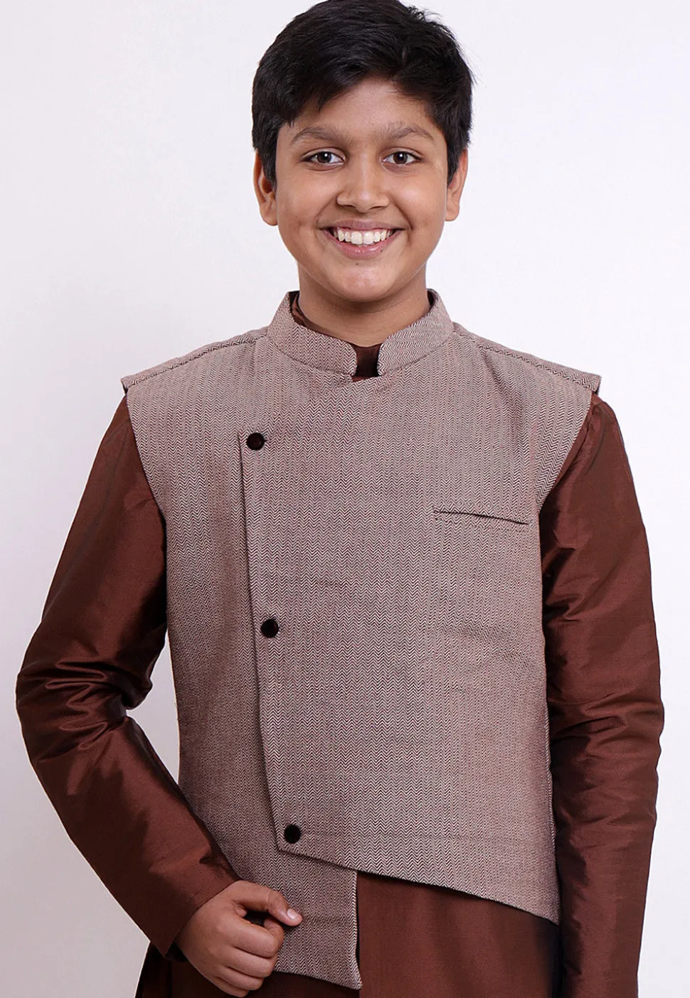 Handloom Pure Cotton Asymmetric Nehru Jacket in Fawn