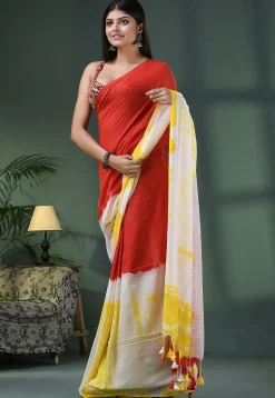 Handloom Pure Cotton Saree in Red and White