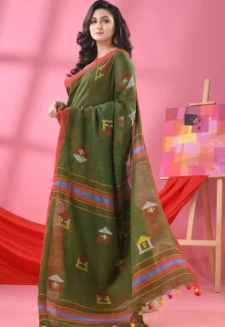 Handloom Pure Cotton Saree in Dark Olive Green