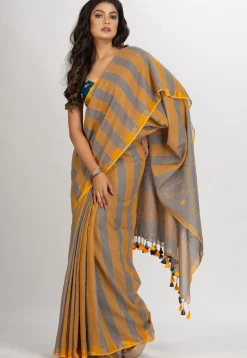 Handloom Pure Cotton Saree in Grey and Yellow