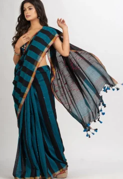 Handloom Pure Cotton Saree in Black and Blue