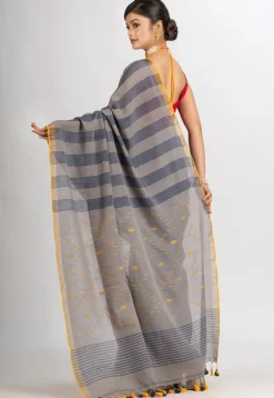 Handloom Pure Cotton Saree in Grey and Dusty Blue