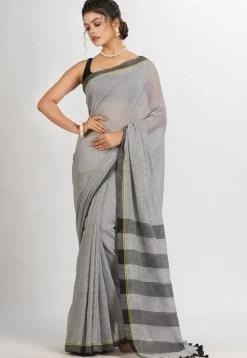 Handloom Pure Cotton Saree in White and Black
