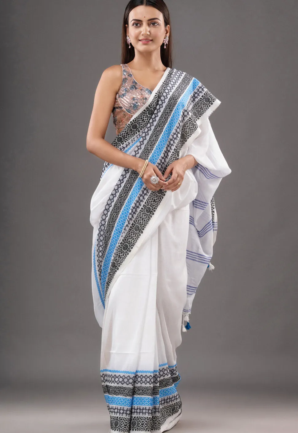 Handloom Pure Cotton Saree in White