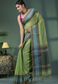 Handloom Pure Cotton Saree in Light Olive Green