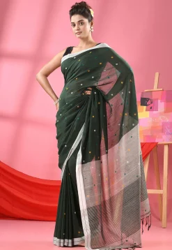 Handloom Pure Cotton Saree in Dark Green