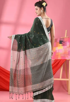Handloom Pure Cotton Saree in Dark Green