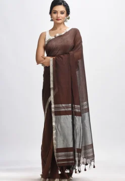 Handloom Pure Cotton Saree in Dark Brown