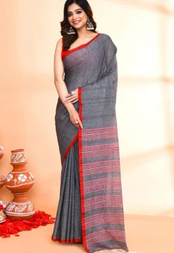 Handloom Pure Cotton Saree in Dark Grey