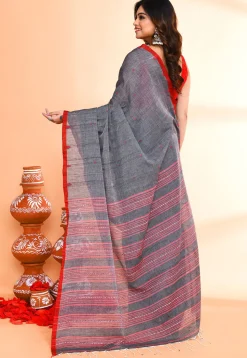 Handloom Pure Cotton Saree in Dark Grey