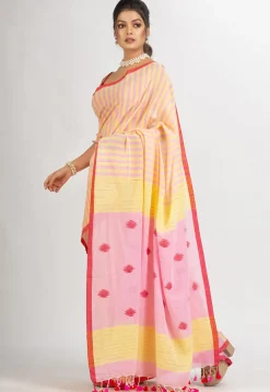 Handloom Pure Cotton Saree in Pink and Yellow
