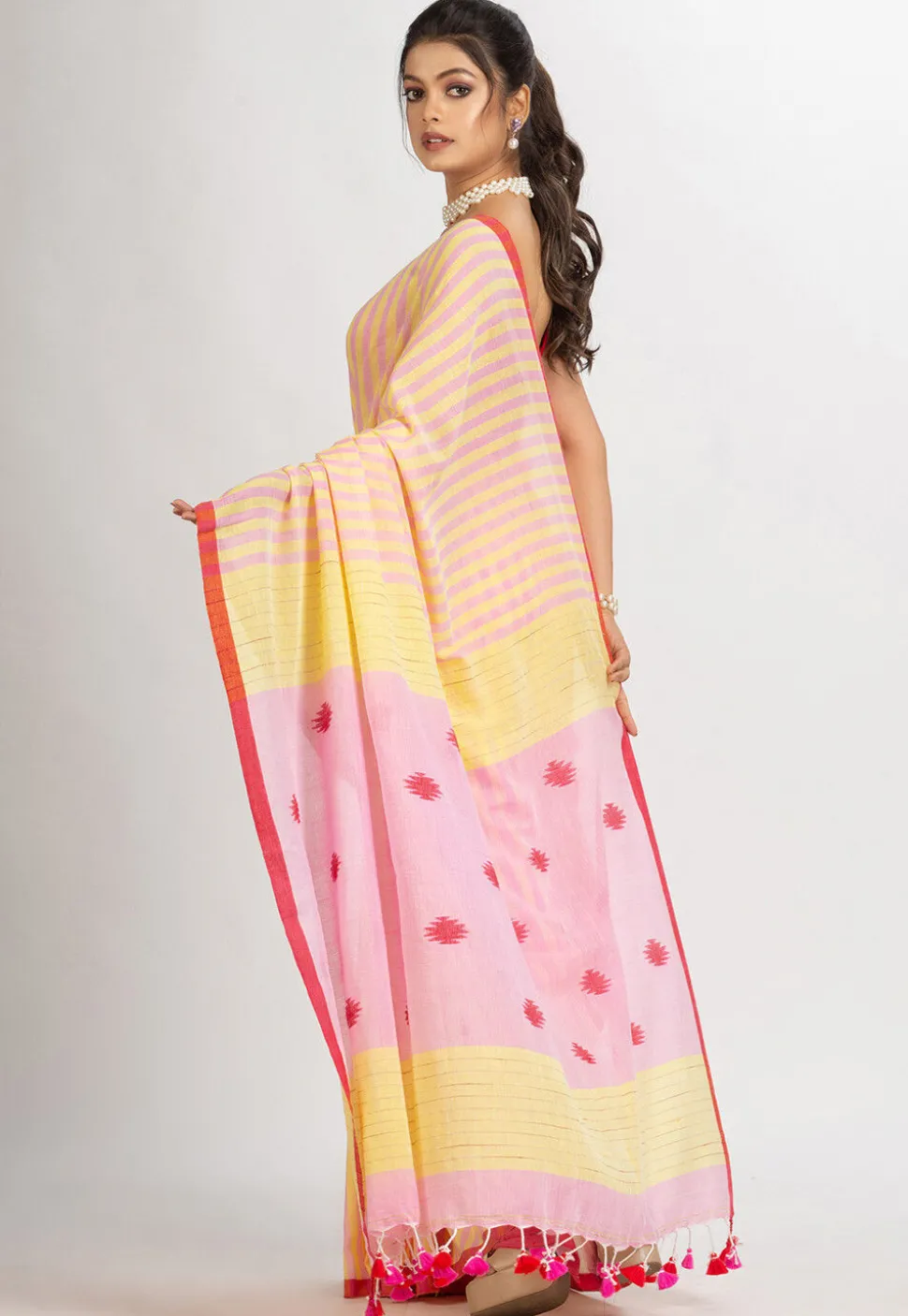 Handloom Pure Cotton Saree in Pink and Yellow