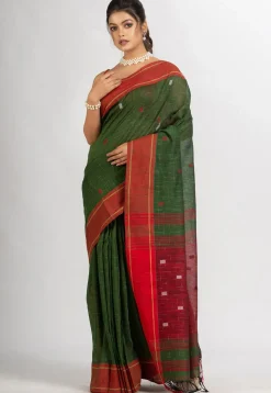 Handloom Pure Cotton Saree in Dark Green