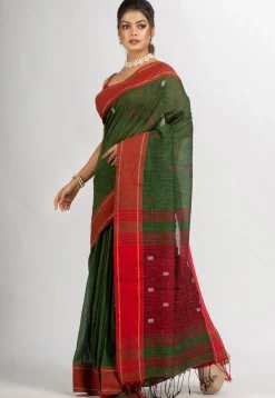 Handloom Pure Cotton Saree in Dark Green