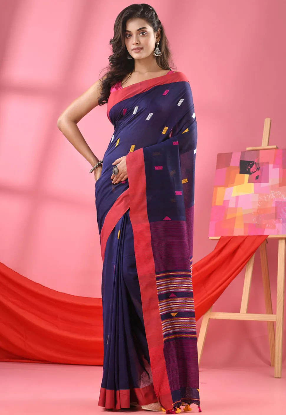 Handloom Pure Cotton Saree in Navy Blue