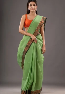 Handloom Pure Cotton Tant Saree in Light Olive Green