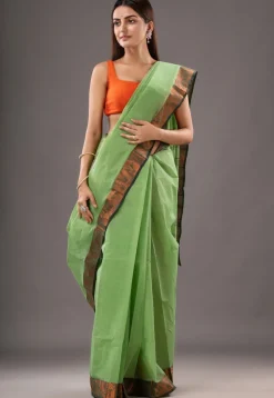 Handloom Pure Cotton Tant Saree in Light Olive Green