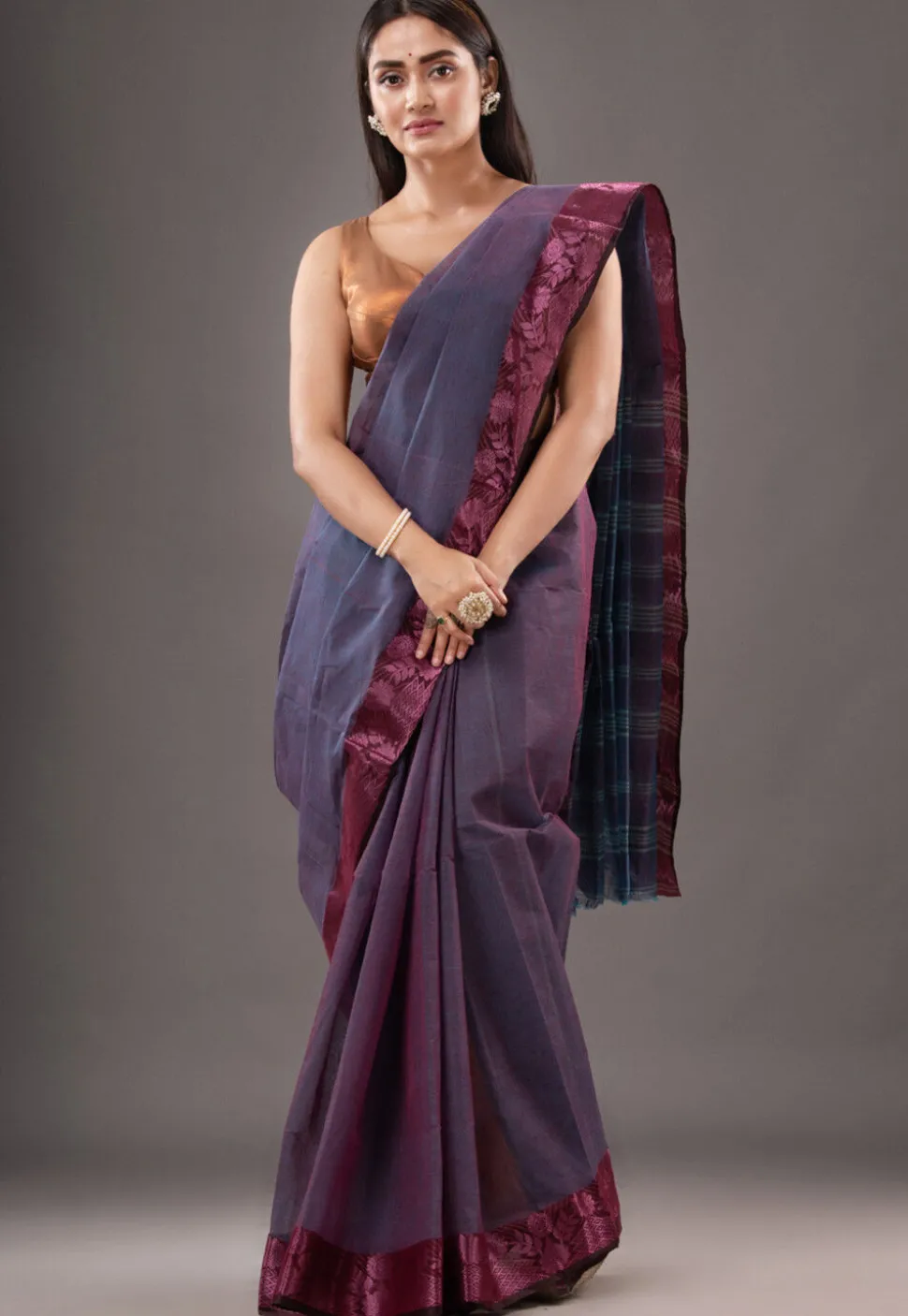 Handloom Pure Cotton Tant Saree in Purple