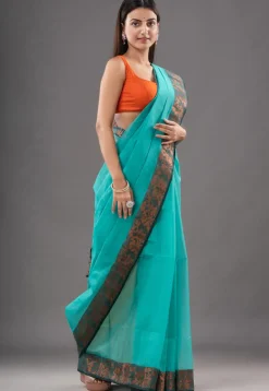 Handloom Pure Cotton Tant Saree in Sky Blue