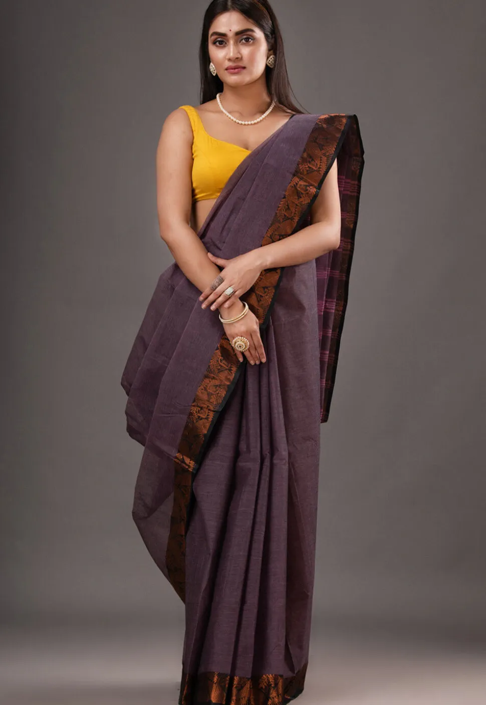 Handloom Pure Cotton Tant Saree in Dark Purple