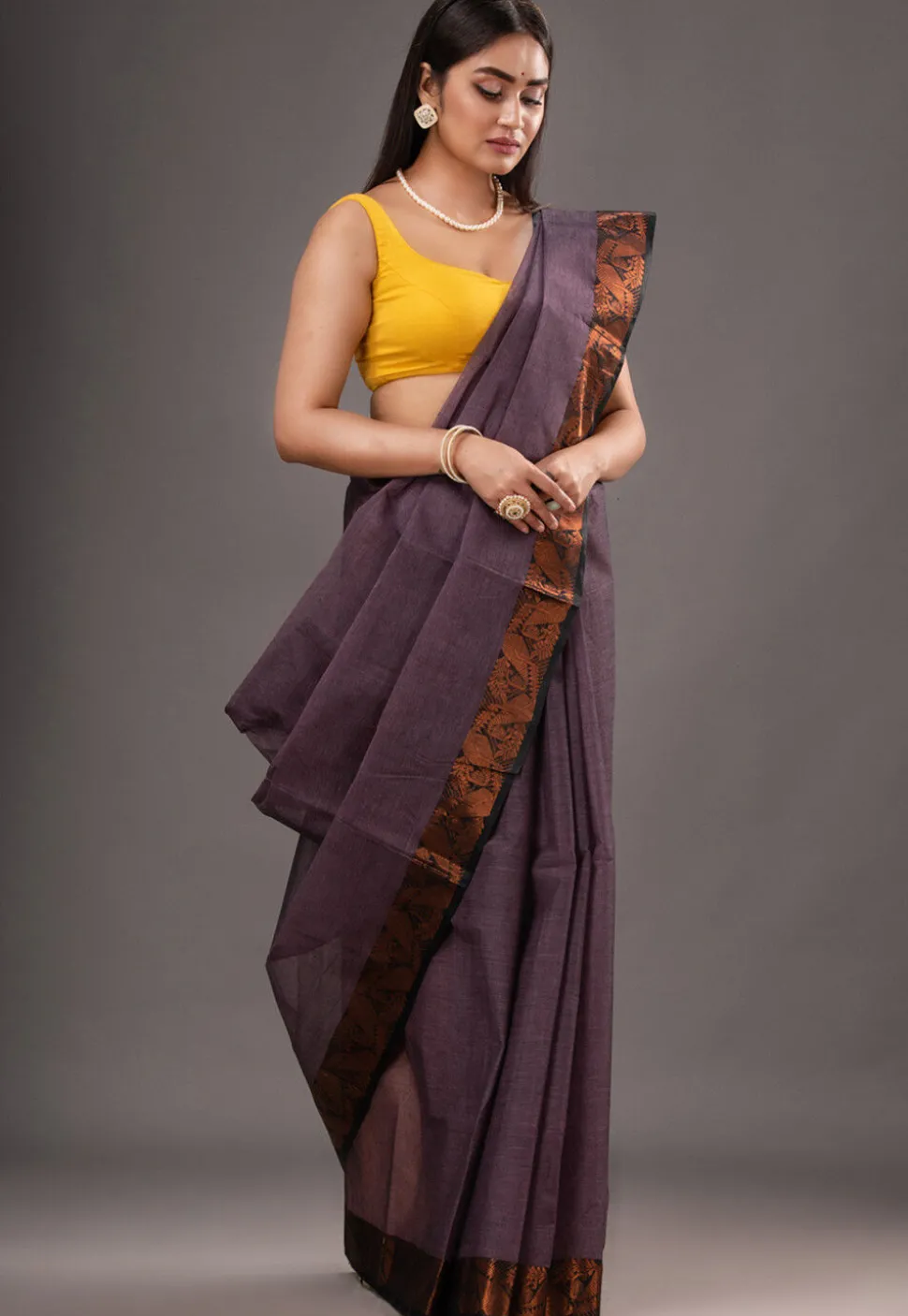 Handloom Pure Cotton Tant Saree in Dark Purple