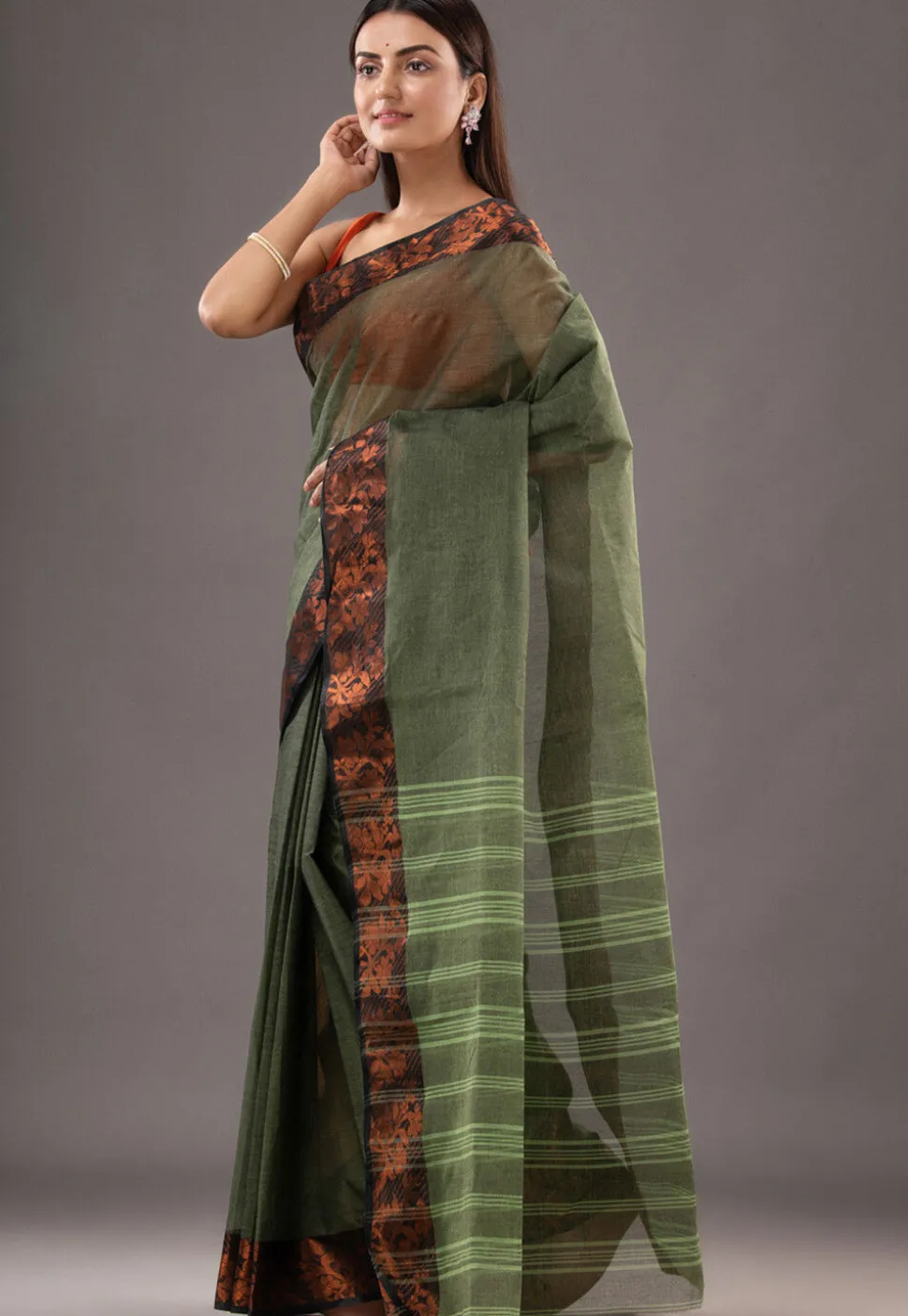 Handloom Pure Cotton Tant Saree in Dusty Green