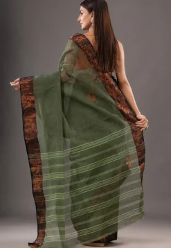 Handloom Pure Cotton Tant Saree in Dusty Green