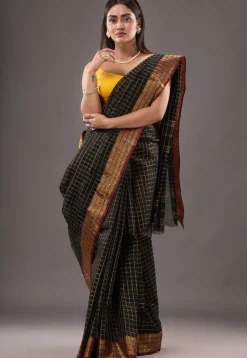 Handloom Pure Cotton Tant Saree in Black