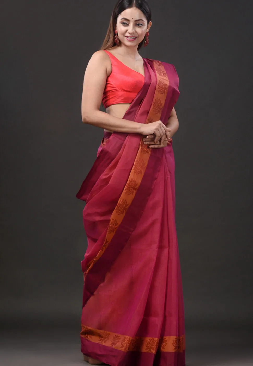 Handloom Pure Cotton Tant Saree in Pink