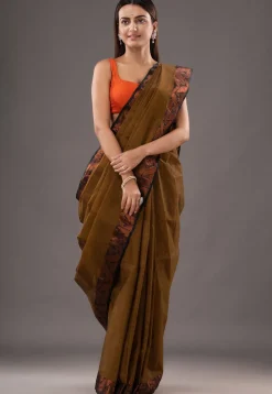 Handloom Pure Cotton Tant Saree in Olive Green