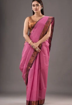 Handloom Pure Cotton Tant Saree in Pink