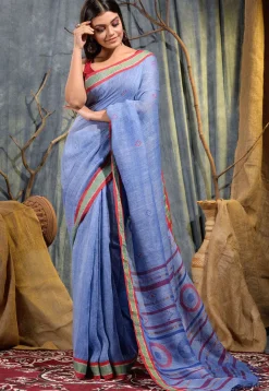 Handloom Pure Linen Jamdani Saree in Blue