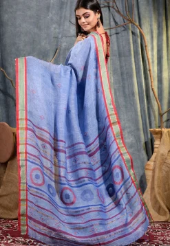 Handloom Pure Linen Jamdani Saree in Blue