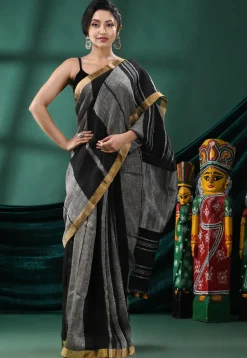 Handloom Pure Linen Saree in Black and Grey