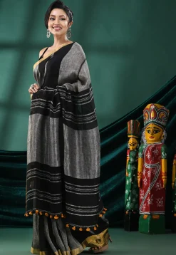Handloom Pure Linen Saree in Black and Grey