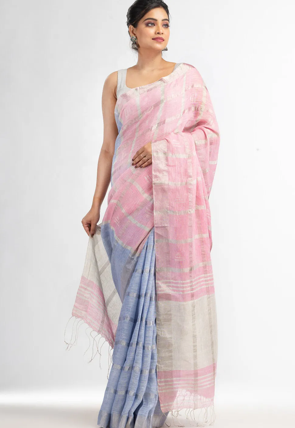 Handloom Pure Linen Saree in Pink and Sky Blue