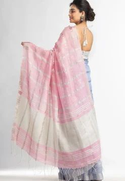 Handloom Pure Linen Saree in Pink and Sky Blue
