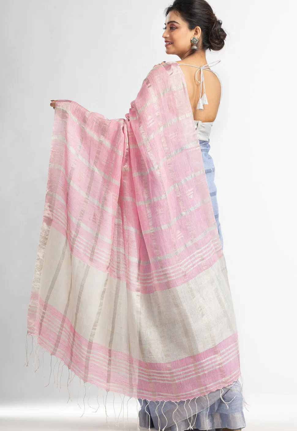 Handloom Pure Linen Saree in Pink and Sky Blue