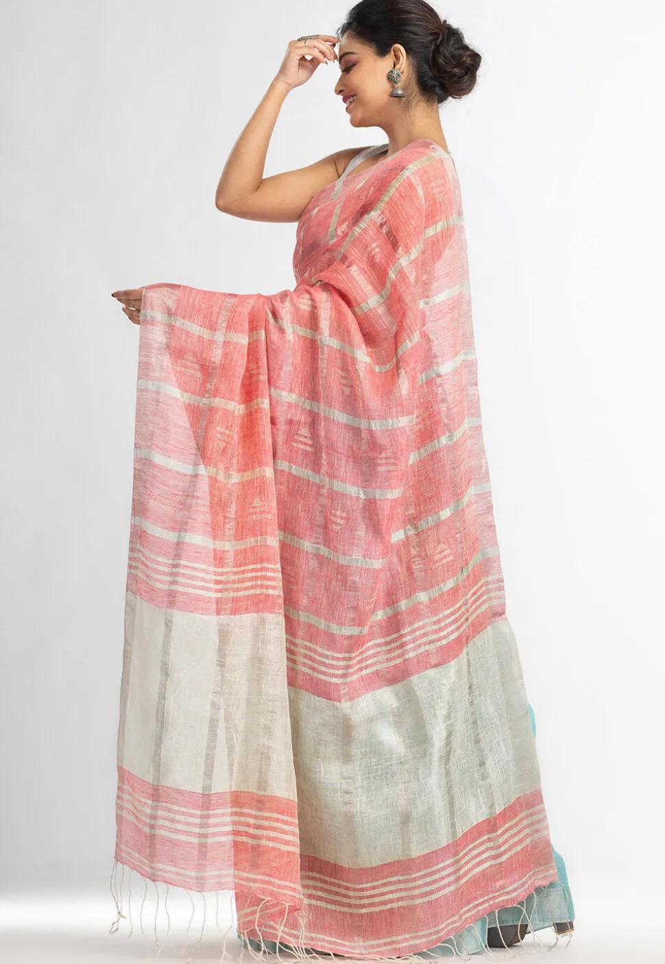 Handloom Pure Linen Saree in Pink and Sky Blue