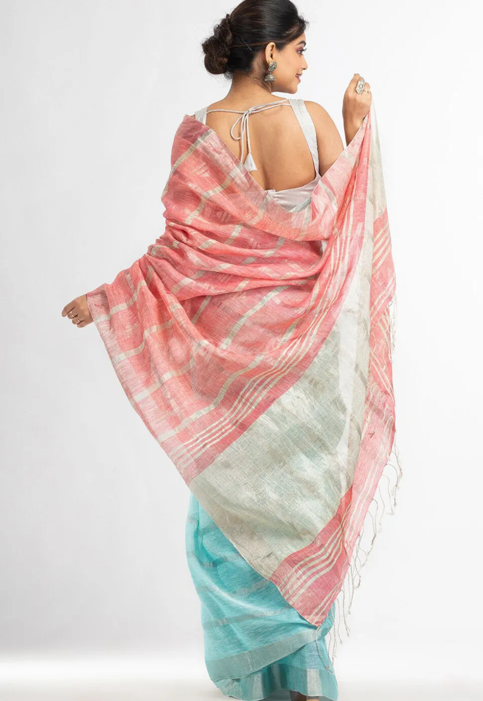 Handloom Pure Linen Saree in Pink and Sky Blue