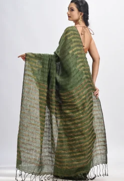 Handloom Pure Linen Saree in Dark Olive Green
