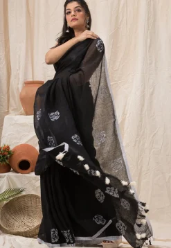 Handloom Pure Linen Saree in Black