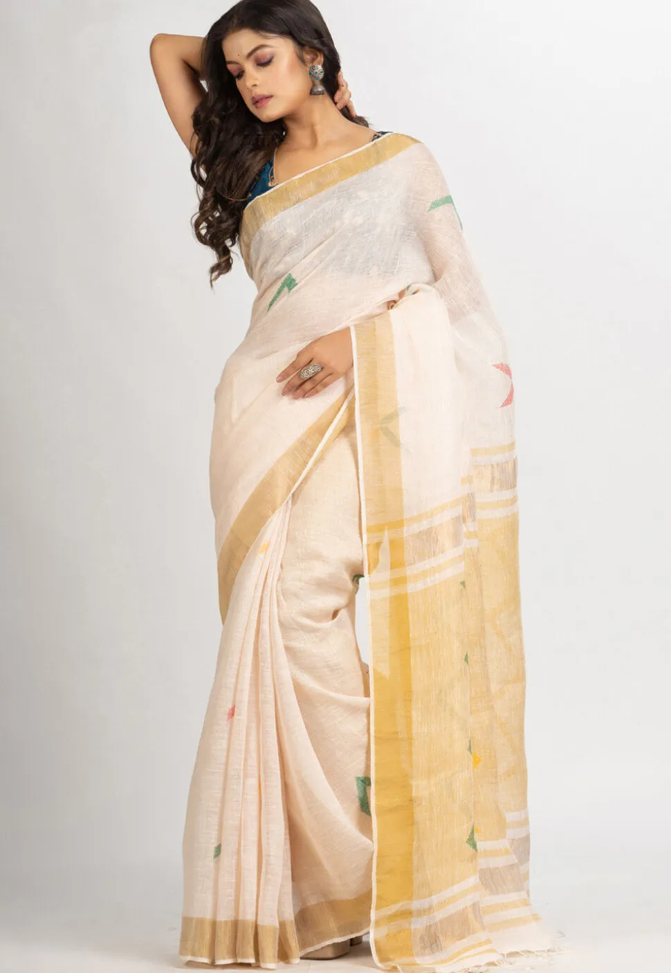 Handloom Pure Linen Saree in Cream