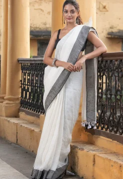 Handloom Pure Linen Saree in Off White