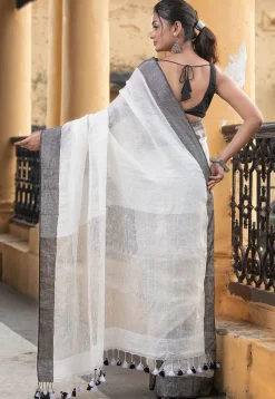 Handloom Pure Linen Saree in Off White